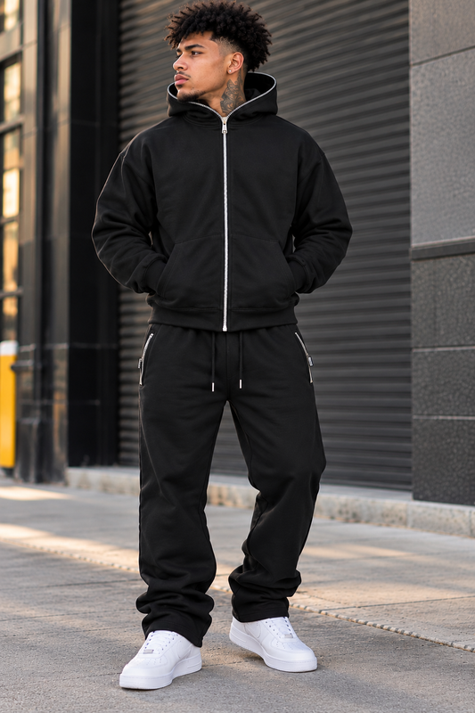 HUDSON MEN'S PREMIUM ZIP-UP SWEATSUIT SET BLACK