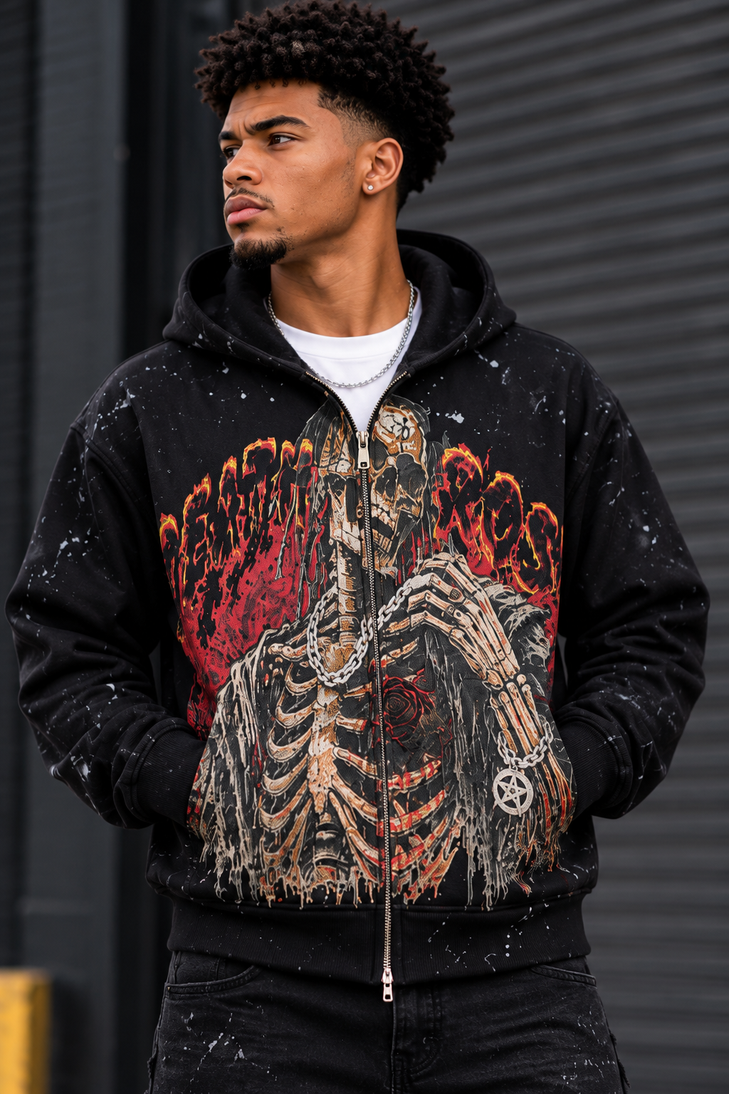 BLACK LIGHT MEN'S HEAVYWEIGHT SKELETON GRAPHIC ZIP-UP HOODIE BLACK 26923
