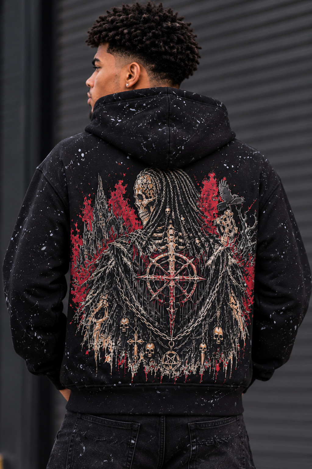 BLACK LIGHT MEN'S HEAVYWEIGHT SKELETON GRAPHIC ZIP-UP HOODIE BLACK 26923
