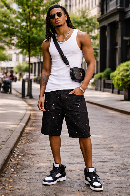 PUBLIC MEN'S RHINESTONE SHORTS JET BLACK