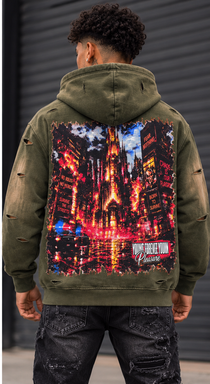 BLACK LIGHT MEN’S URBAN CHAOS 550 GSM FRENCH TERRY ZIP-UP HOODIE OLIVE 26926