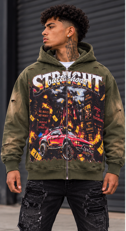 BLACK LIGHT MEN’S URBAN CHAOS 550 GSM FRENCH TERRY ZIP-UP HOODIE OLIVE 26926