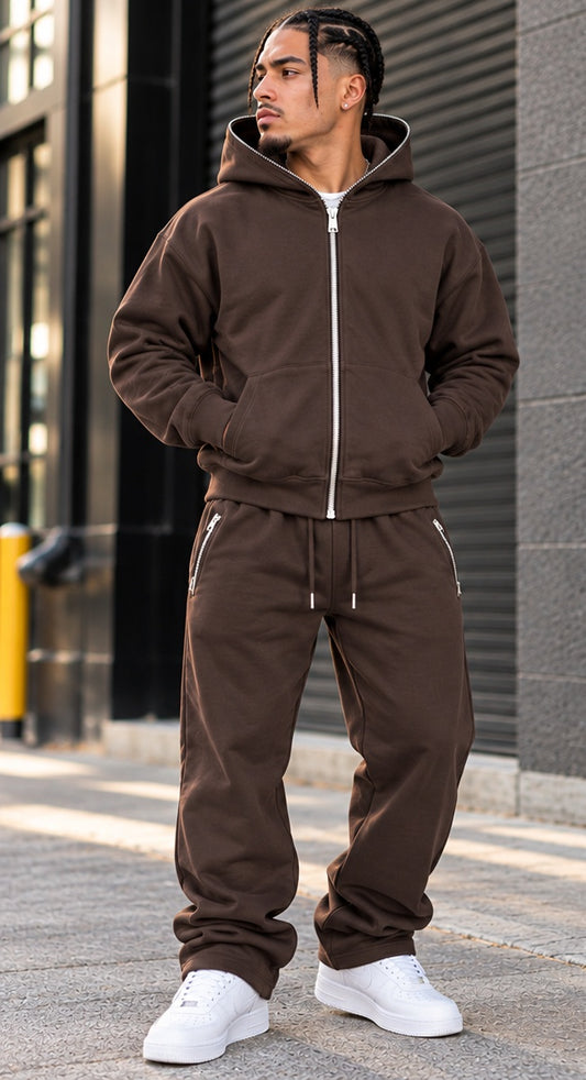 HUDSON MEN'S PREMIUM ZIP-UP SWEATSUIT SET BLACK COFFEE