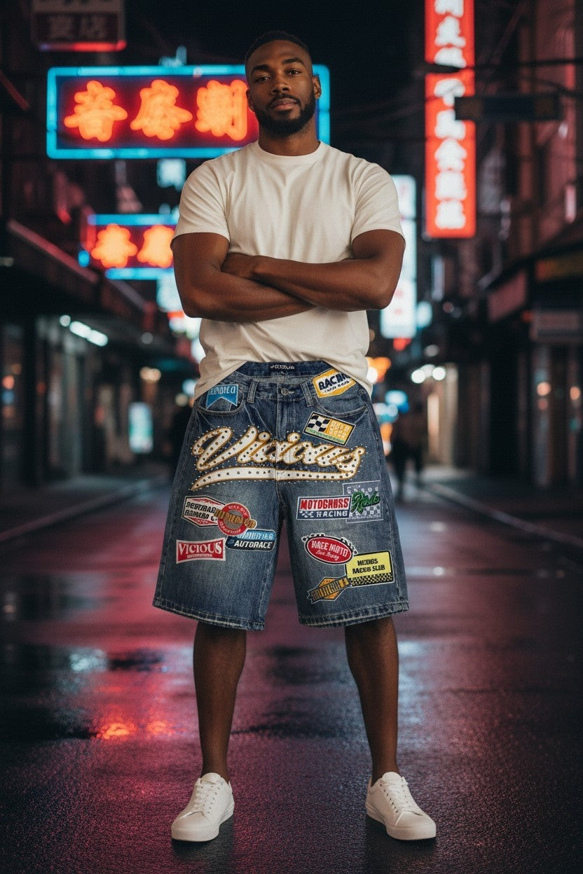 VICIOUS MEN'S OVERSIZED MOTORSPORT PATCH DENIM SHORTS VC1202 DARK INDIGO