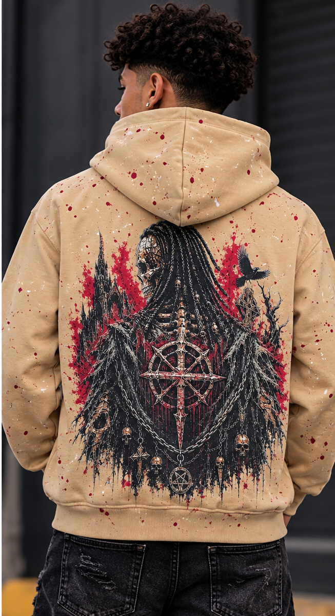BLACK LIGHT MEN'S HEAVYWEIGHT SKELETON GRAPHIC ZIP-UP HOODIE TAN 26923