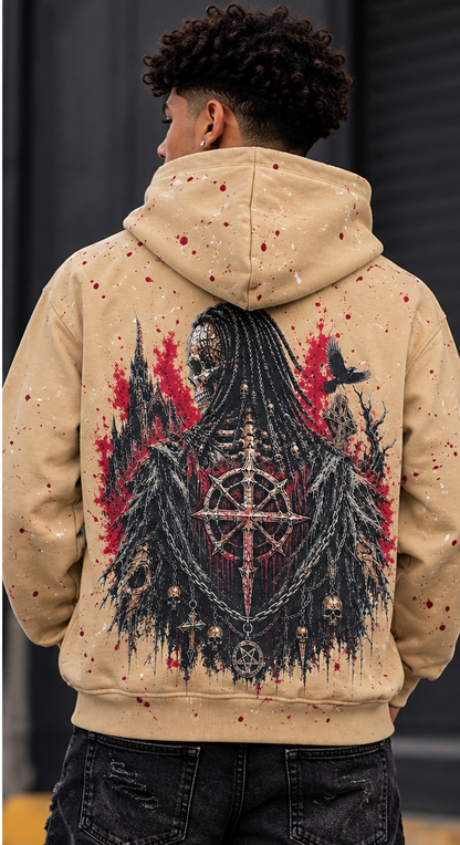 BLACK LIGHT MEN'S HEAVYWEIGHT SKELETON GRAPHIC ZIP-UP HOODIE TAN 26923