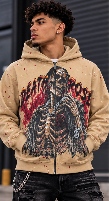 BLACK LIGHT MEN'S HEAVYWEIGHT SKELETON GRAPHIC ZIP-UP HOODIE TAN 26923