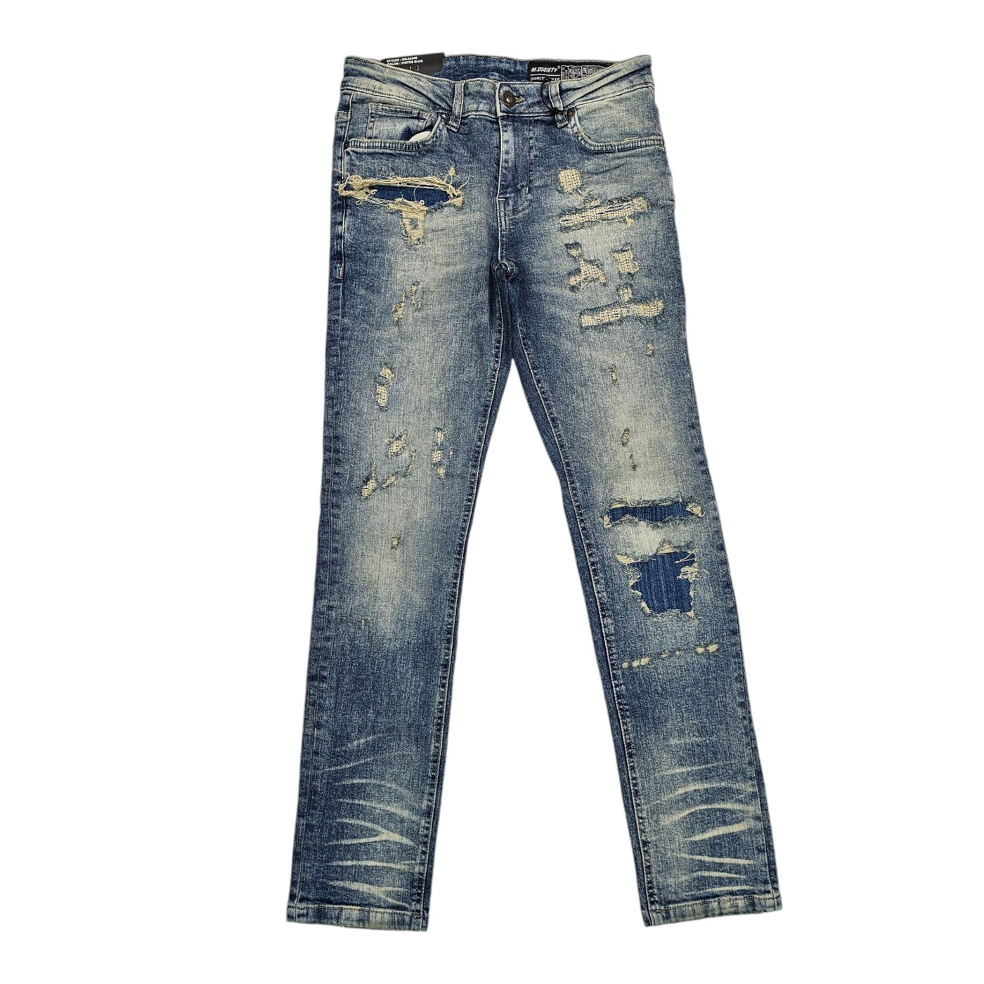 M SOCIETY DENIM JEANS RIPS & REPAIR TINTED BLUE MS-80346