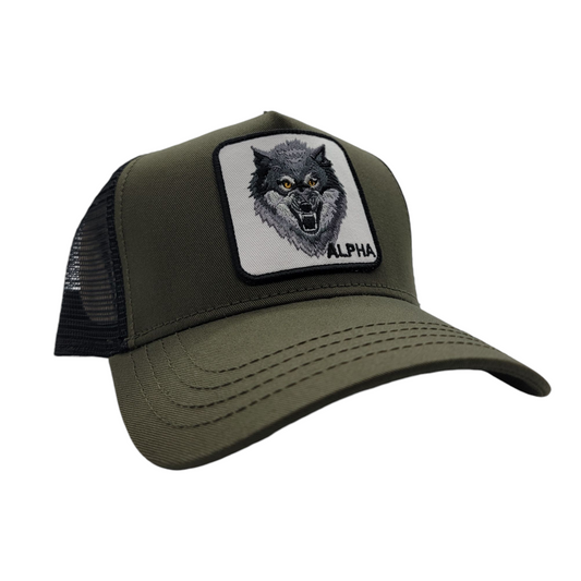 KBETHOS ALPHA WOLF TRUCKER HAT OLIVE GREEN