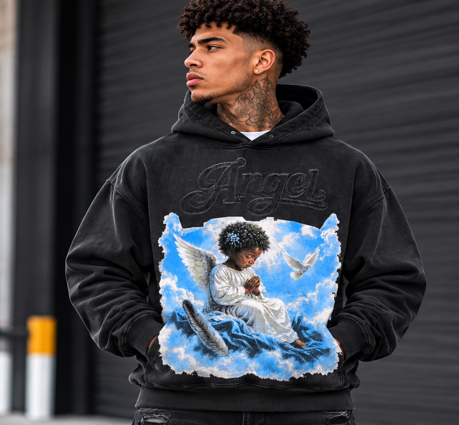 BLACK LIGHT MEN’S ANGEL HEAVEN 550 GSM FRENCH TERRY HOODIE BLACK 26824
