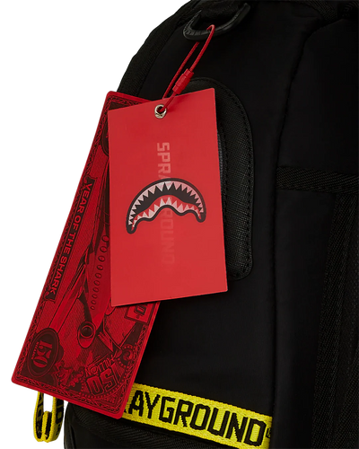 SPRAYGROUND SHARK CENTRAL YELLOW TAPE DLX SATIN BACKPACK