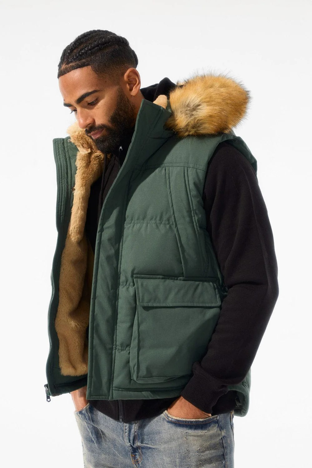 YUKON FUR LINED PUFFER VEST DARK OLIVE