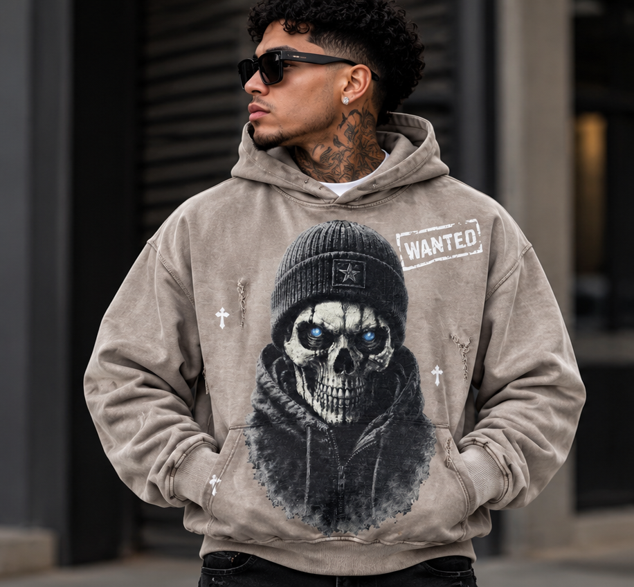 BLACK LIGHT MEN’S WANTED SKULL 550 GSM FRENCH TERRY HOODIE 26825 STONE