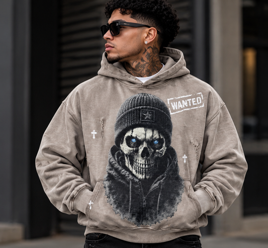 BLACK LIGHT MEN’S WANTED SKULL 550 GSM FRENCH TERRY HOODIE 26825 STONE
